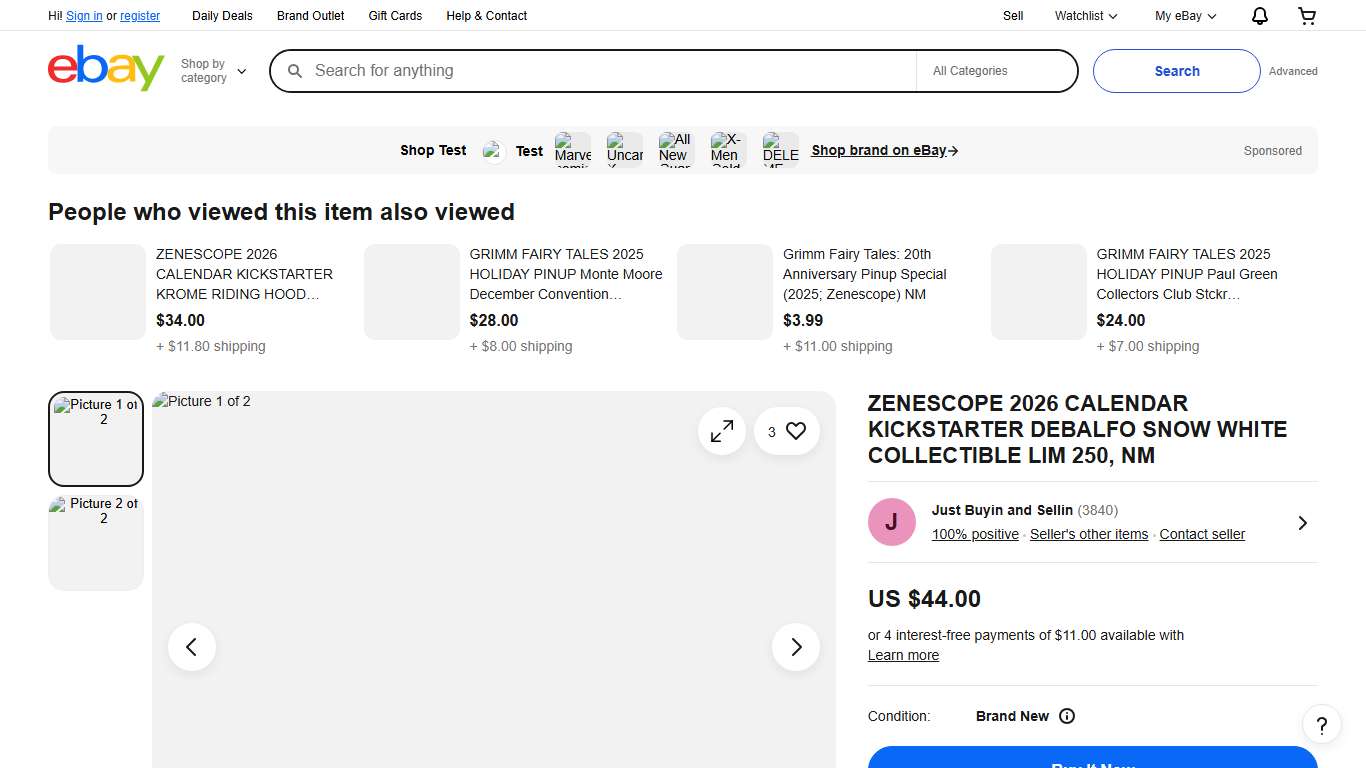 ZENESCOPE 2026 CALENDAR KICKSTARTER DEBALFO SNOW WHITE COLLECTIBLE LIM 250, NM | eBay